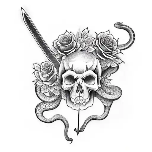 A Snake Coming Out Of A Skull Climbing A Sword Made With Roses