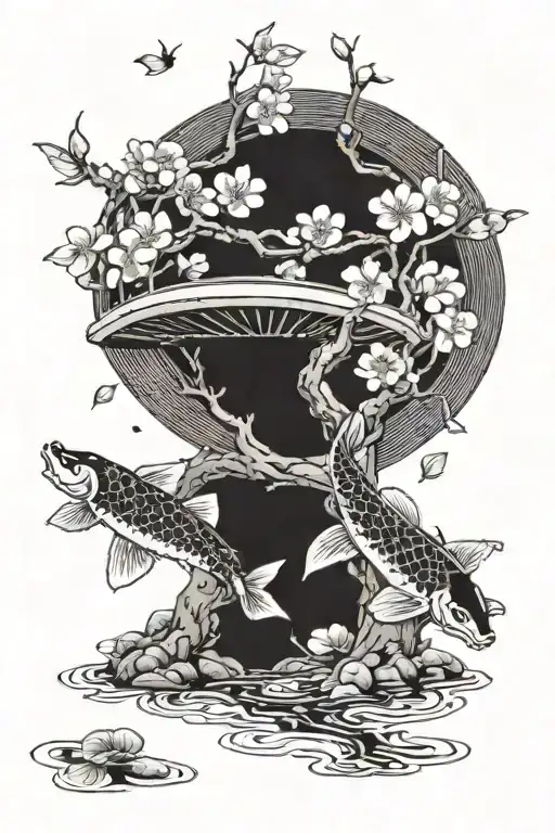 Cherry Blossom Tree With Pedals Falling Down Into Koi Pond