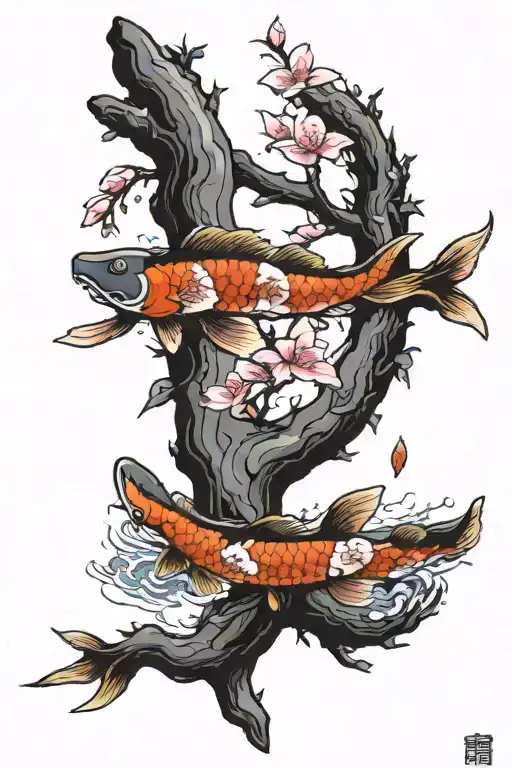 Cherry Blossom Tree With Pedals Falling Down Into Koi Pond