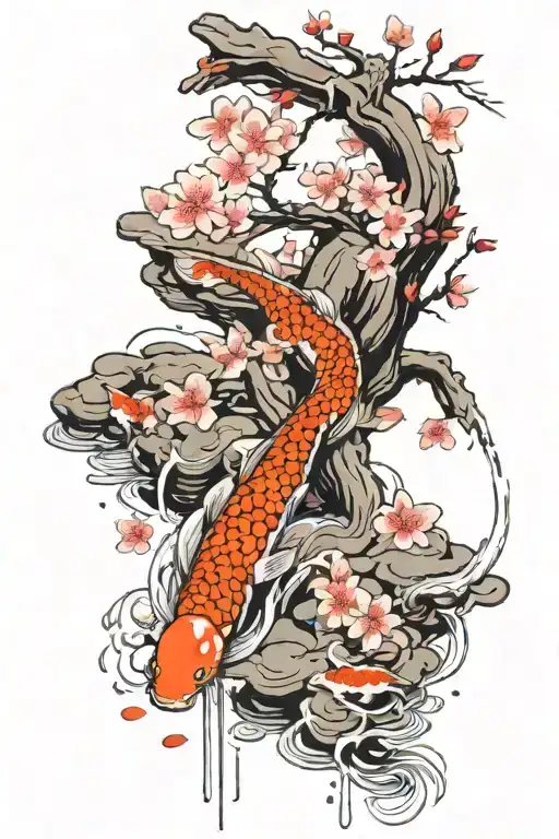 Cherry Blossom Tree With Pedals Falling Down Into Koi Pond