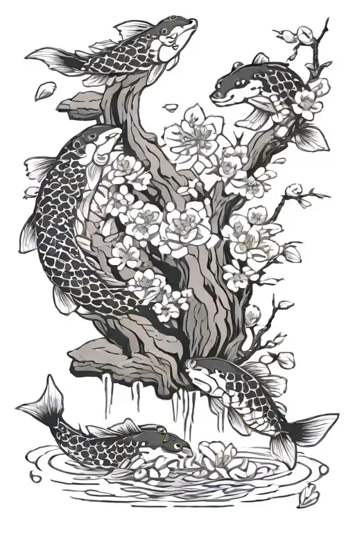 Cherry Blossom Tree With Pedals Falling Down Into Koi Pond