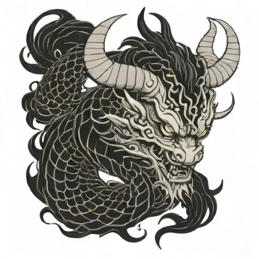 Dragon With Four Horns Hair Detailed Blackwork