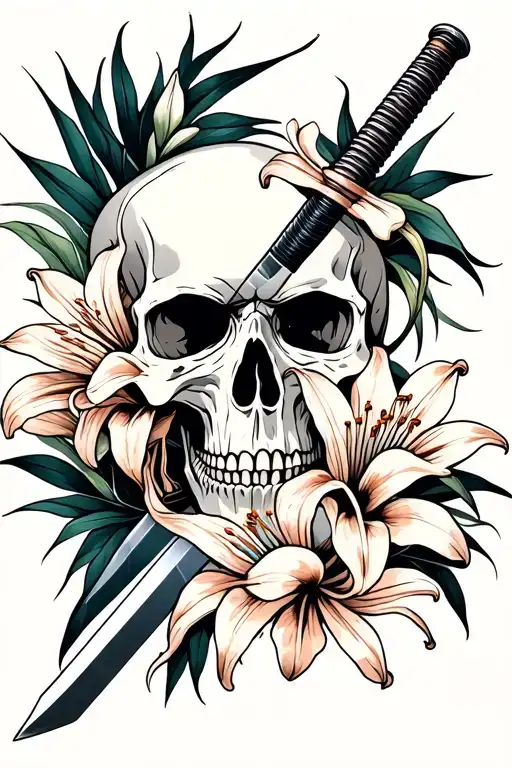 Skull Pierced By Katana And Spider Lilies With Geometry