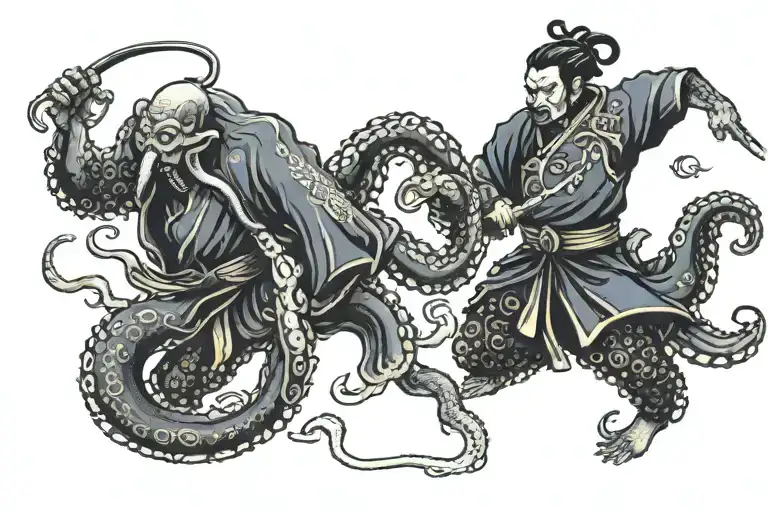 An Octopus And A Samurai Fighting Each Other