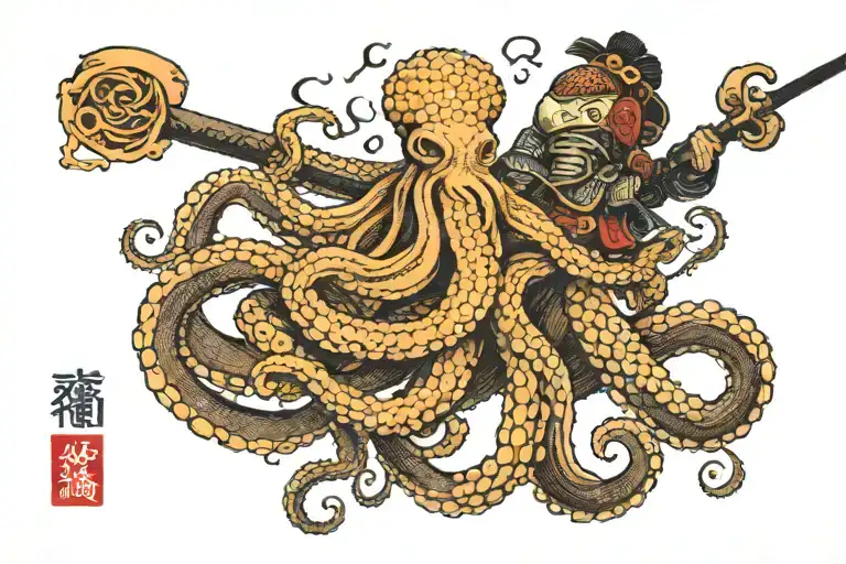 An Animal Octopus And A Samurai Warrior Fighting Each Other