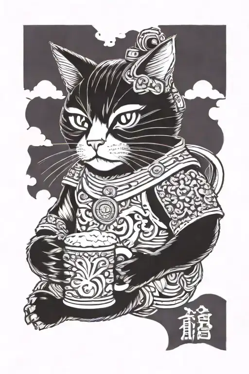 Samurai Cat With Beer Mug In The Horizon