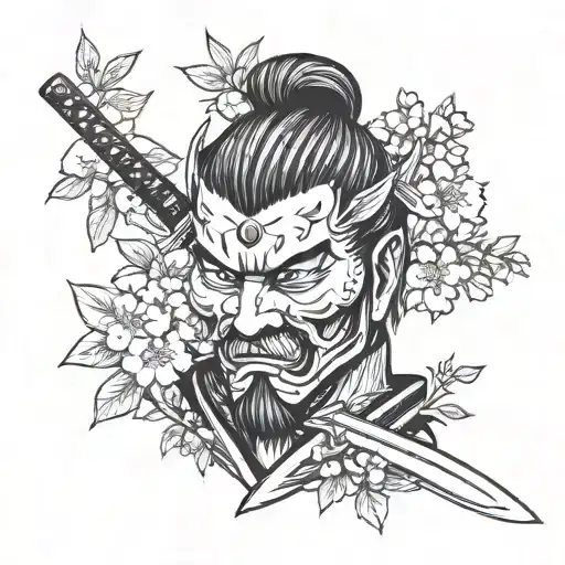 Samurai Face With Sword Behind Sakura Leaves