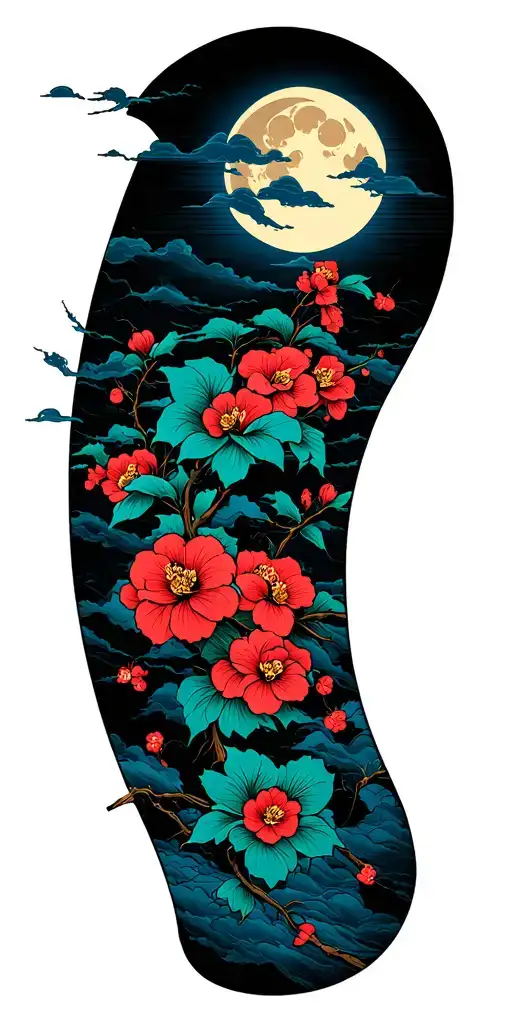 Japanese Cherry With Moon And Sun In The Background