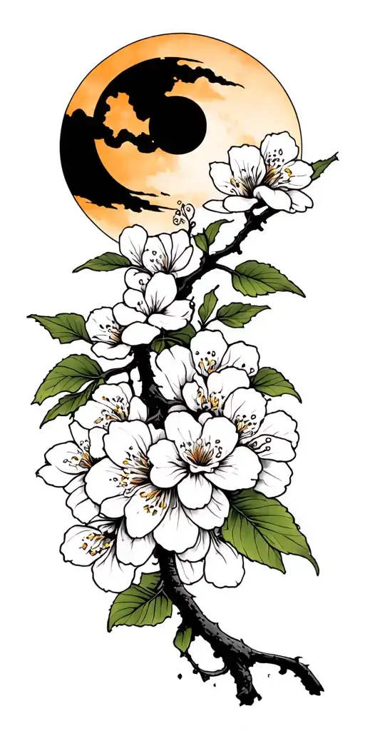 Japanese Cherry With Moon And Sun In The Background