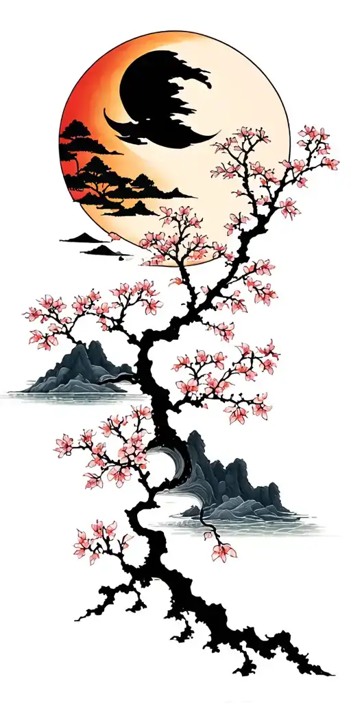 Japanese Cherry Tree With Moon And Sun With River