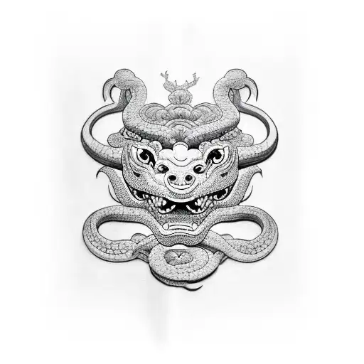 Foo Dog And Hanya Mask And Snake And Cherry Blossom