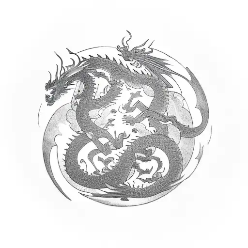 2 Dragons Around Ying And Yang Blowing Fire On It