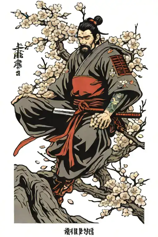 Cherry Blossom Tree With A Samurai