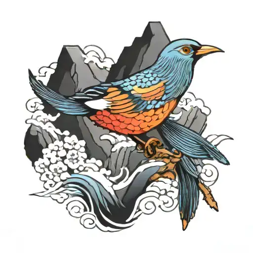 Norwegian Inspired Bird Showing Of Water And Mountians