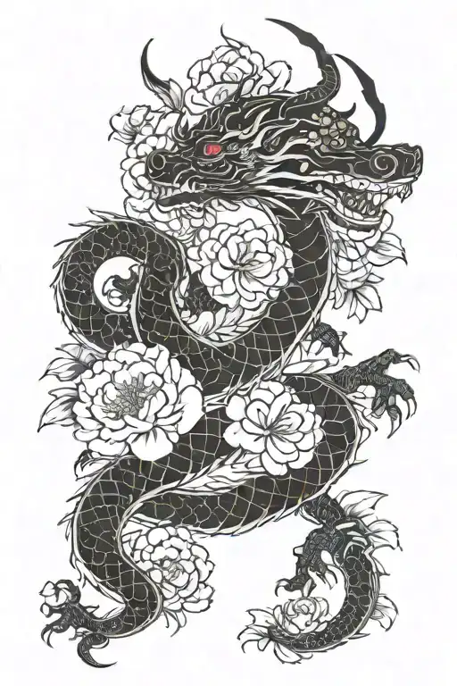 Red And Black Dragon And Peony Flower
