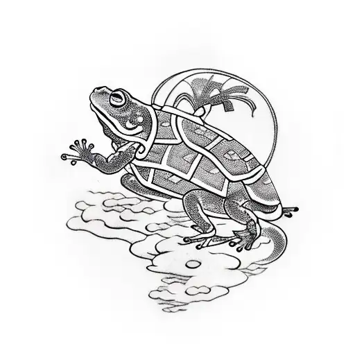 Samurai Frog Riding On Turtle Back
