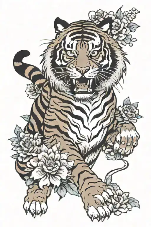 Japanese Tiger With A Hanya Mask And Flowers