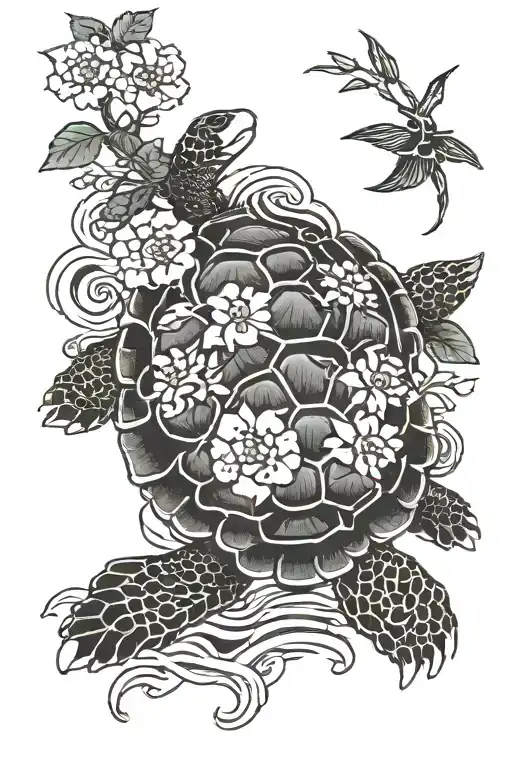 Turtle With Flowers And Water