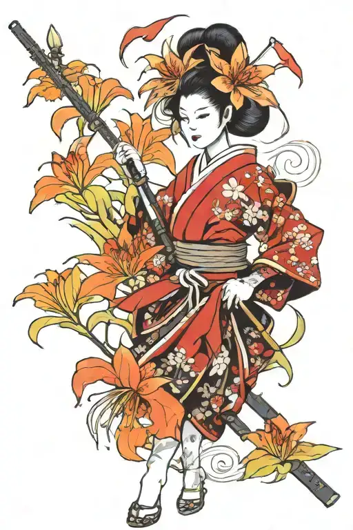 Samurai Girl Holding Red Spider Lily