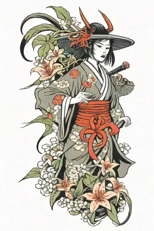Samurai Girl Holding Red Spider Lily