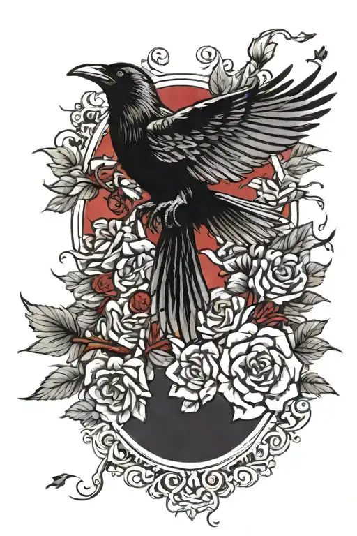 Raven In Flight With Red Roses Growing