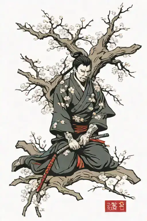 Cherry Blossom Tree And Sleeping Ronin