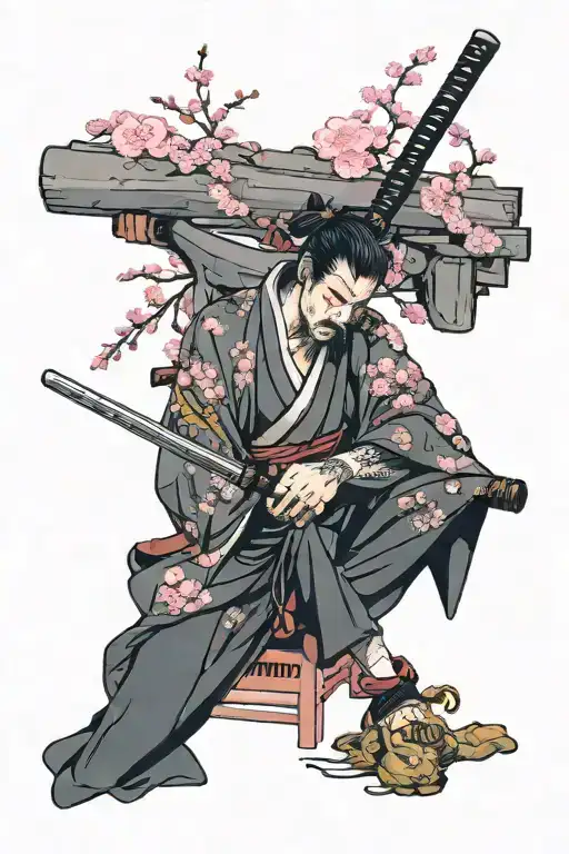 Sleeping Ronin With Katana Under A Large Pink Cherry Blossom Tree