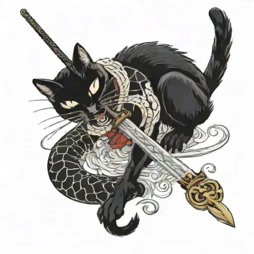A Black Cat Fighting A Snake Wrapped In A Sword
