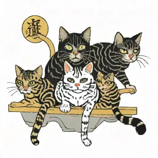 A Group Of Cats Sitting On Top Of A Wall