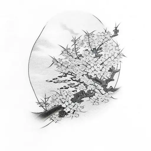 Samurai With A Cherry Blossom Tree And Read Leaves In The Background