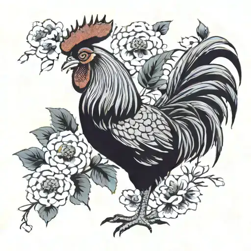 Japanese Style Rooster With Flowers