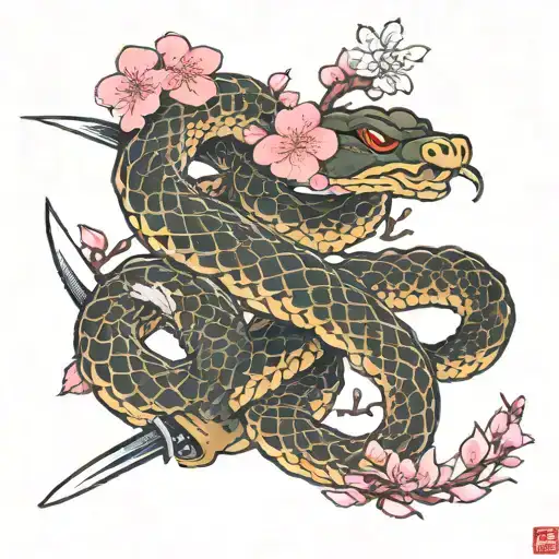 Snake And Sword With Pink Japanese Flowers