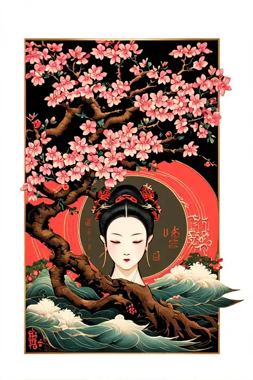 Japanese Kaizen Symbol With Cherry Blossom Tree