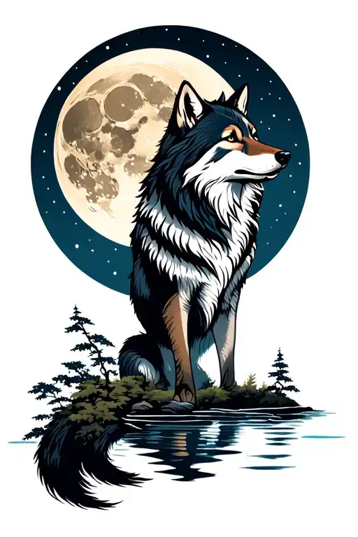 Wolf And Moon And Woods Around Water