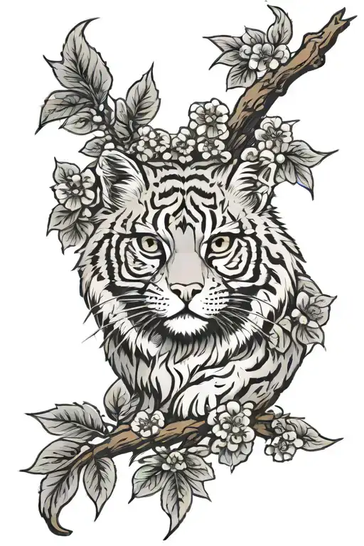 Pallas Cat Face On Vawes Ornament With Sakuras Tree