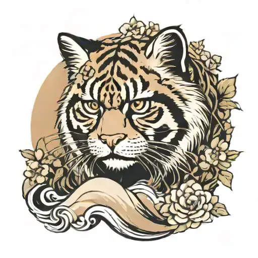 Pallas Cat Face On Waves Background With Sakuras Tree And Leafs