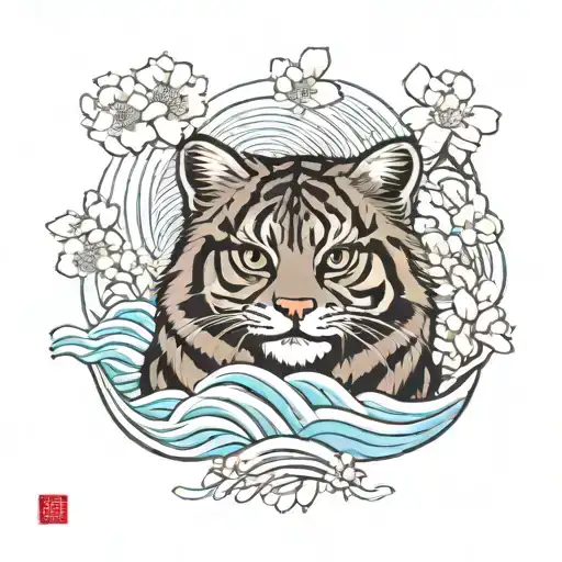 Pallas Cat Face On Waves Background With Sakuras Tree And Sakuras Leafs