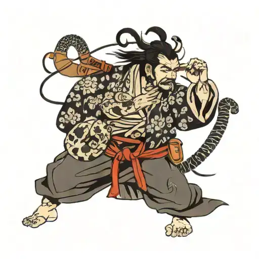 Japanese Samurai Holding A Snake In His Hand