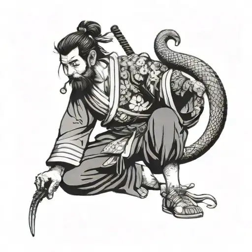 Japanese Samurai Holding A Snake In His Hand