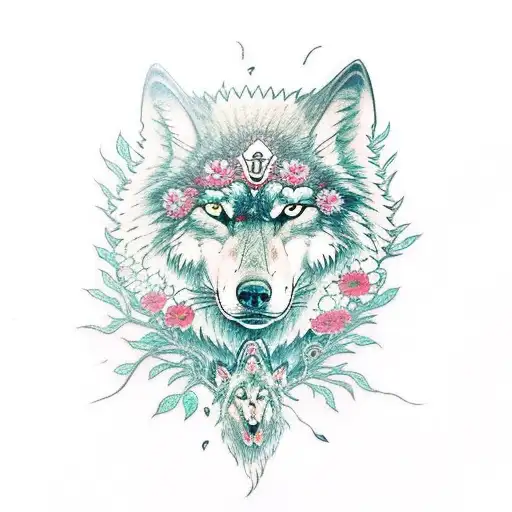 Princess Mononoke From Ghibli Movie With Wolf And Flowers