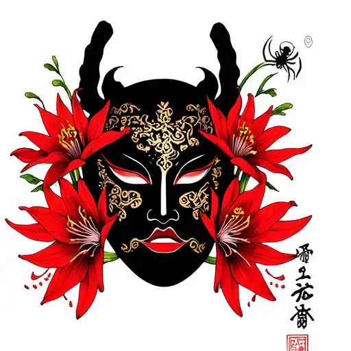 Noh Mask Surrounded By Spider Lilies