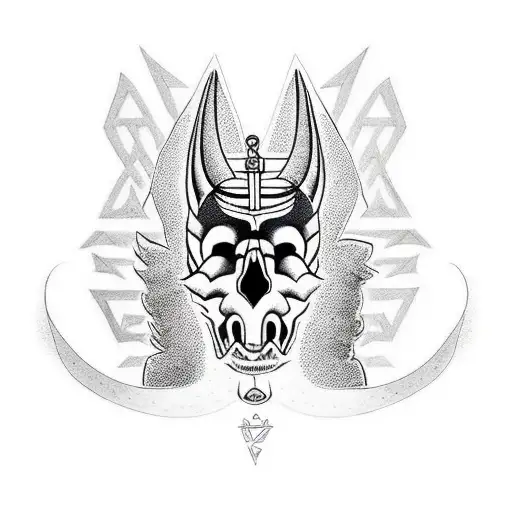 Anubis Skull With Body And Pyramids And Sakuras On Background