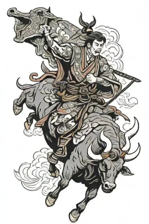 Samurai Warrior Riding Bucking Bull In A Western Rodeo