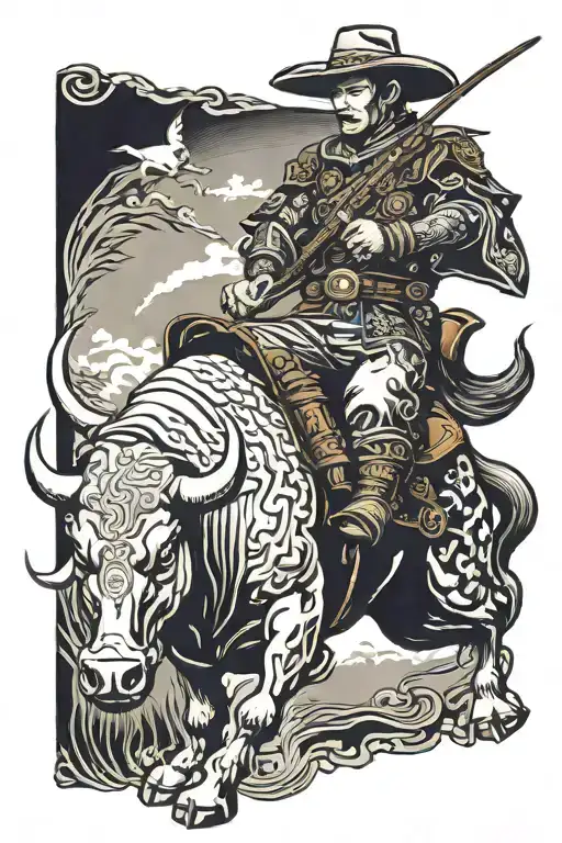 Samurai Warrior Wearing Cowboy Hat Riding Bucking Bull In A Western Rodeo