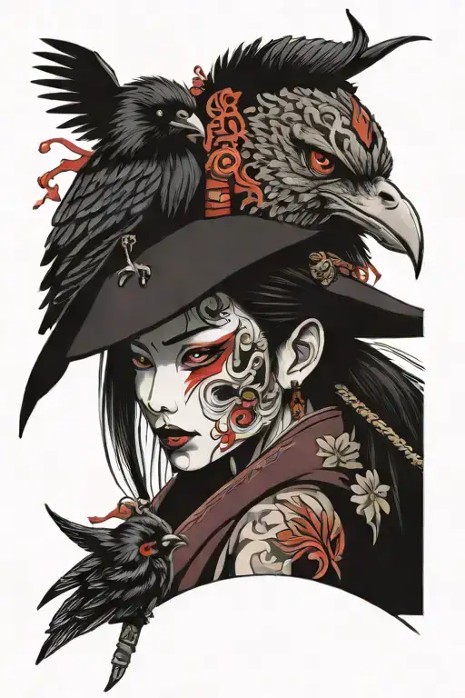 Demonic Samurai With With Crow On Her Shoulder