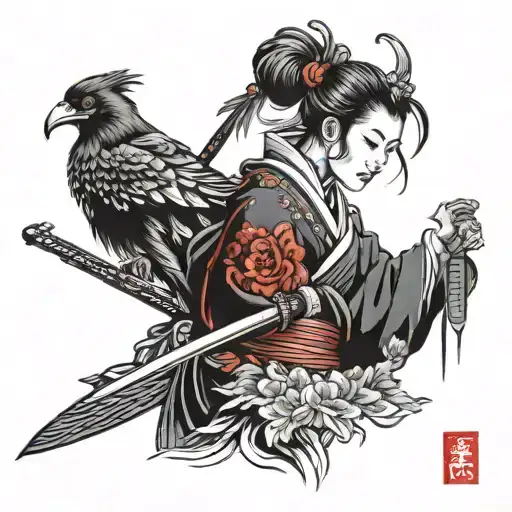 A Demonic Female Ronin Samurai With A Crow On Her Shoulder