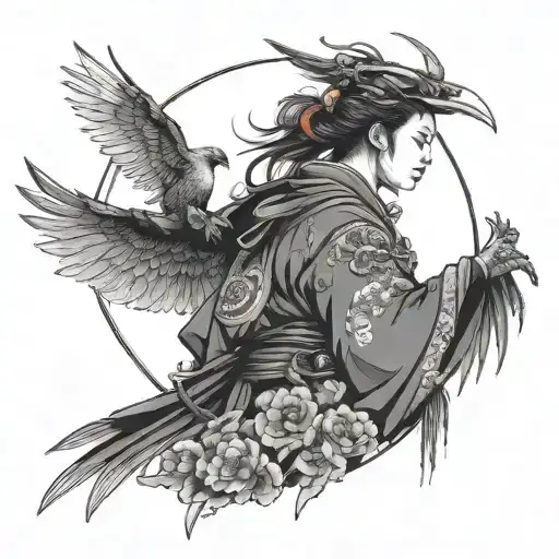 A Demonic Female Ronin Samurai With A Crow On Her Shoulder