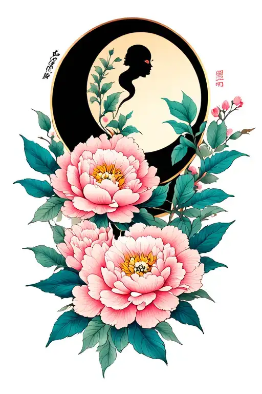 Peony Flowers Tattoo With Moon