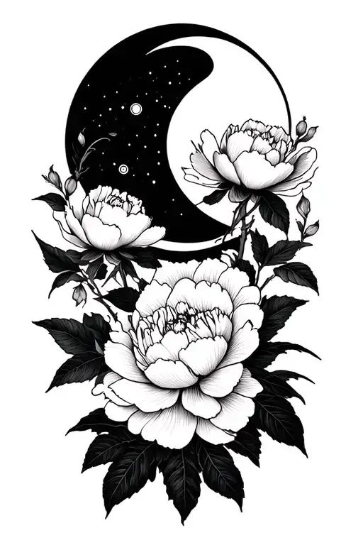 Peony Flowers Tattoo With Black And White Moon