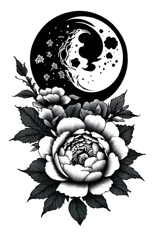 Peony Flowers Tattoo With Black And White Moon
